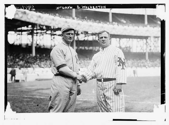 Harry Wolverton, left, manager of the New York Highlanders, with John McGraw, manager of the New York Giants at the Polo Grounds in 1912.